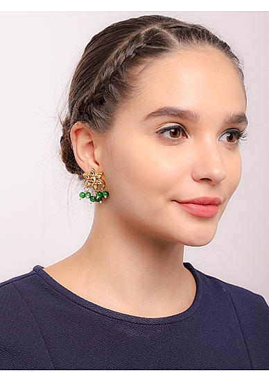 Green Gold-Toned Floral Drop Earrings