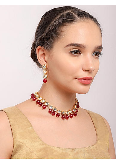 Gold-Toned Maroon Studded Reversible Jewellery Set
