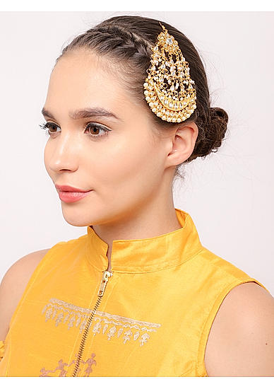 Gold-Toned Stone-Studded and Beaded Reversible Jhumar Passa
