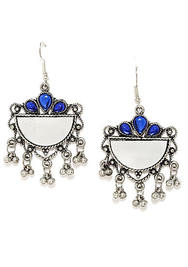 Silver-Toned Blue Geometric Drop Earrings