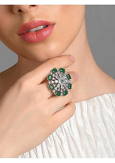American Diamond Emerald Silver Plated Floral Cocktail Ring 