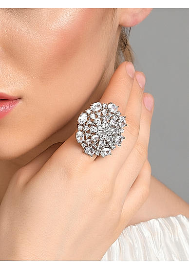 American Diamond Silver Plated Floral Cocktail Ring 