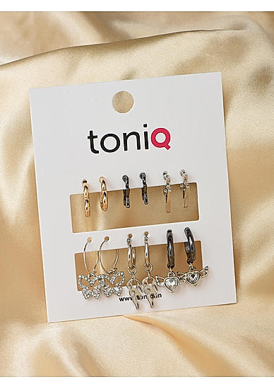Toniq Multicolour Butterfly, Star, Angel, Heart Shape Cz Stone Studded Set Of 6 Earrings For Women