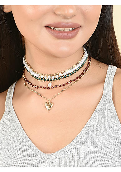Toniq Fancy Multicolour Gold Plated Heart Shape Pearl Beads Casual Stack Of 6 Necklace Set For Women