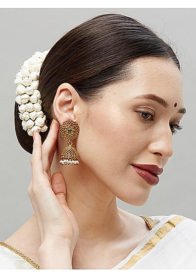 White Beads Gold Plated Temple Jhmuka Earrings