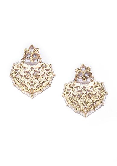 Gold Tone White Pearl Heart Shape Drop Earrings For Women