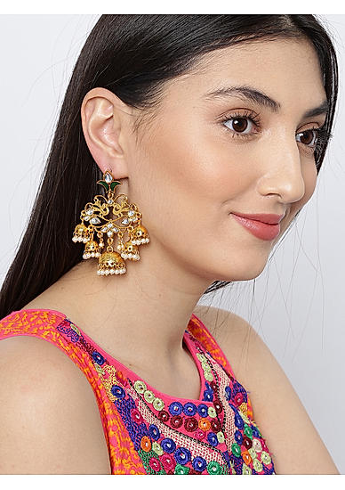 White Beads Kundan Gold Plated Floral Jhumka Earring 
