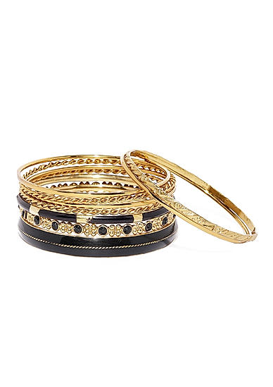 Set Of 9 Black and Gold-Toned Bangles