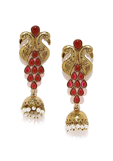 Gold Tone Pink Stone Cotemporary Jhumka Earrings For Women