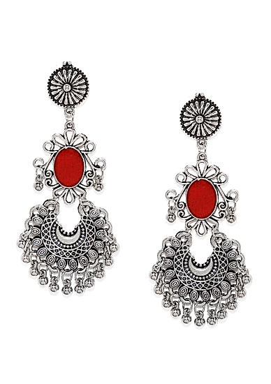 Red and Silver-Toned Oxidised Contemporary Drop Earrings