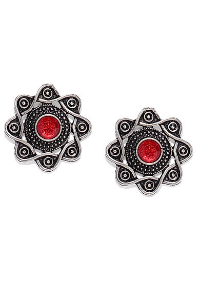 Oxidized Silver-Toned and Red Star Shaped Studs