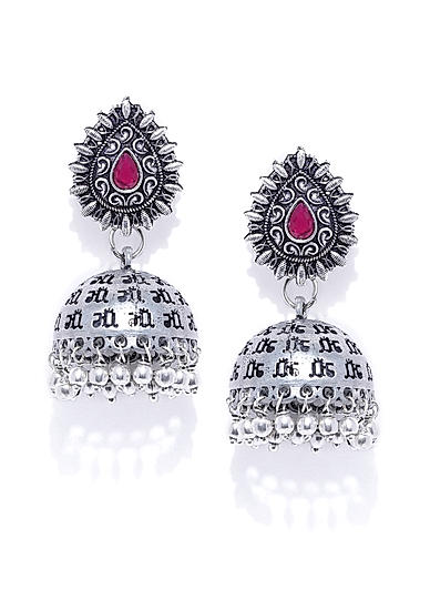 Silver-Toned and Pink Dome Shaped Jhumkas