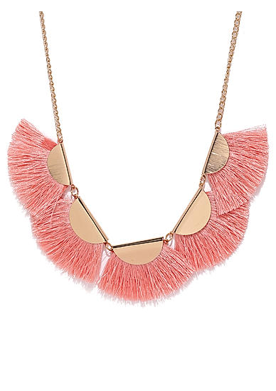 Gold Tone Pink Thread Tassel Necklace For Women