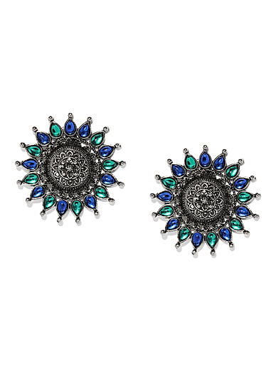 Blue and Silver-Toned Oxidized Circular Oversized Studs