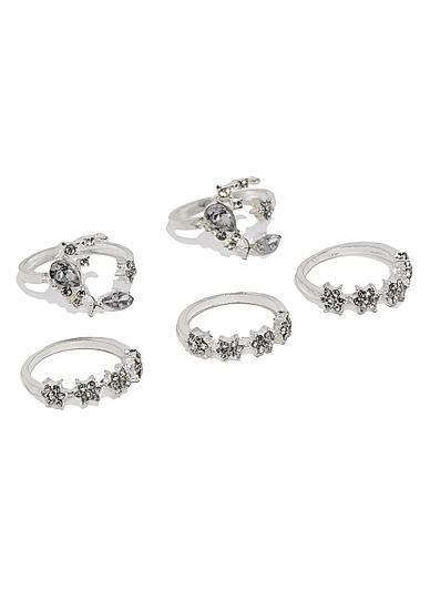 Set Of 5 Silver Tone Oxidised Rings For Women