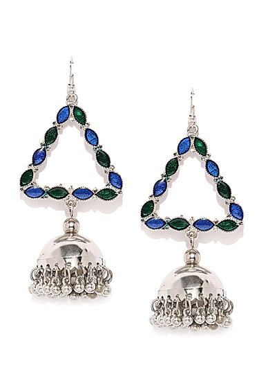 Blue Green Stones Silver Plated Oxidised Triangular Jhumka Earring
