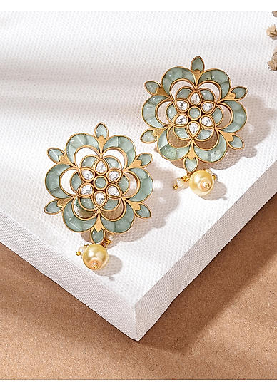 Pastel Blue Stones Kundan Gold Plated Floral Stud Earring 
