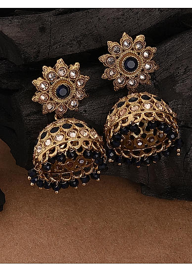 Blue Stones Beads Gold Plated Floral Jhumka Earring