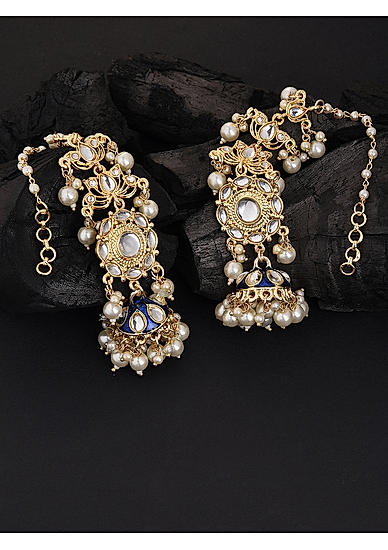 Kundan Pearls Gold Plated Blue Enamelled Floral Jhumka Earring