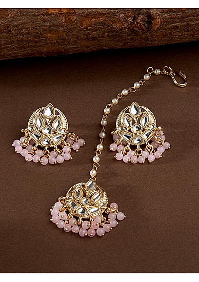 Pink Beads Kundan Crescent Maangtikka & Earring Set