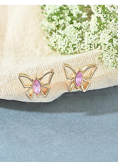 Toniq Gold Plated Pink Butterfly Crystal Stud Earring for Women