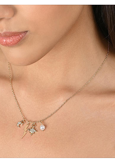 Toniq Gold Plated Star Half Moon Pearl Charm Necklace for Women