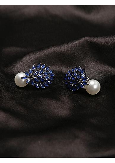 Navy Cz Floral Stud Earring For Women