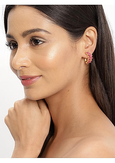 Gold -Plated Red Cz Floral Stud Earring For Women