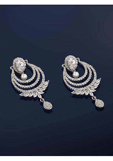 White Silver-Toned Rhodium-Plated Embellished Drop Earrings