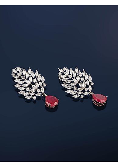 Silver-Toned and Red Leaf Shaped Rhodium-Plated Embellished Drop Earrings