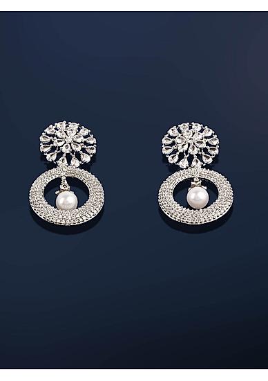 Silver-Toned and White Circular Drop Earrings
