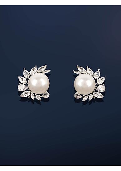 White Rhodium-Plated Handcrafted Floral Stud Earrings