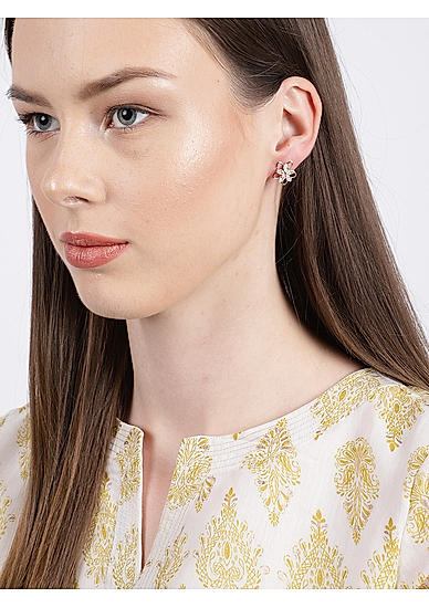 Gold-Toned Cubic Zirconia Studded Floral Studs