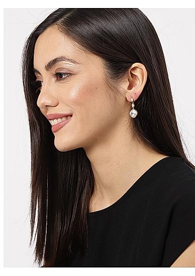 Silver Toned Cz Stone-Studded Drop Earrings