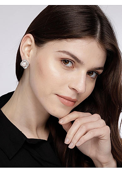 White Rhodium-Plated Cz Geometric Stud Earring For Women