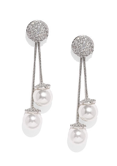 Silver-Plated and White Spherical Pearl Drop Earrings