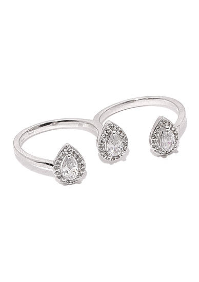 White Rhodium-Plated Cz Dual Finger Ring For Women