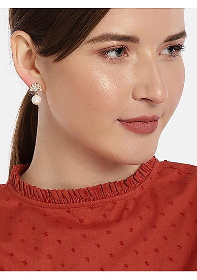 Gold-Toned and White Studded Drop Earrings