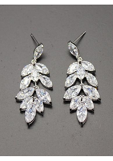 White Rhodium-Plated Cz Leaf Shape Drop Earring For Women