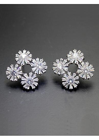White Rhodium-Plated Cz Floral Stud Earring For Women