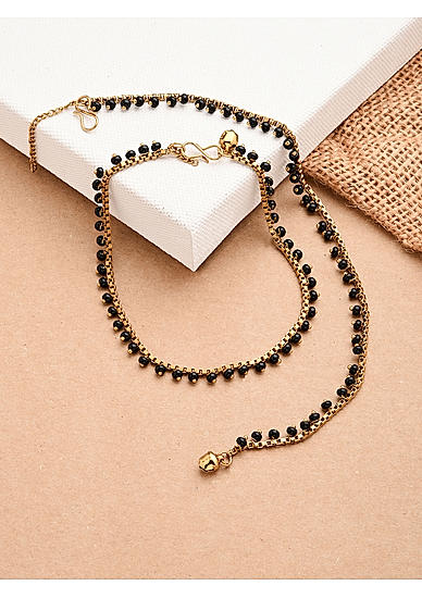 Set of 2 Black Beads Gold Plated Anklets