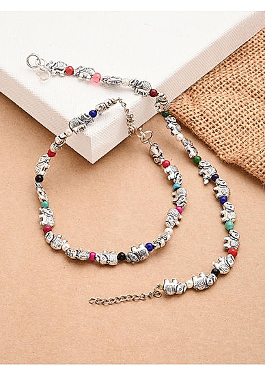 Set of 2 Multicolor Beads Silver Plated Oxidised Elephant Anklets