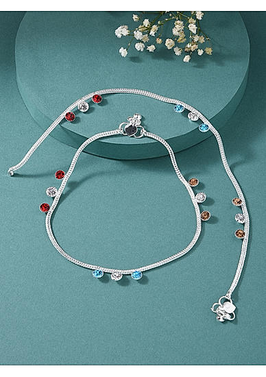 Set of 2 Multicolor Stones Silver Plated Anklets