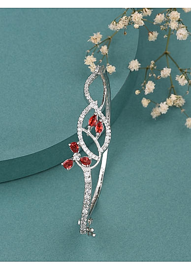 American Diamond Red Stones Silver Plated Bangle-Style Bracelet