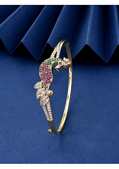 American Diamond Ruby Emerald Gold Plated Peacock Bangle-Style Bracelet