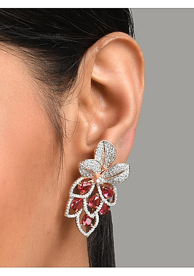 American Diamond Ruby Rose Gold Plated Floral Drop Earring