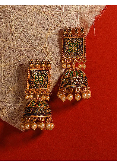 Green Pearls Gold Plated Meenakari Jhumka Earring