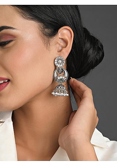 Kundan Silver Plated Oxidised Floral Jhumka Earring