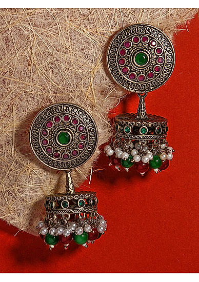 FIDA Ethnic Silver Plated Emerald Ruby Beaded Drop Earring for Women