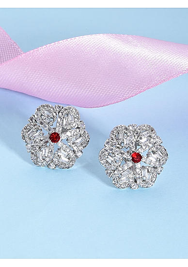 American Diamond Red Stone Silver Plated Floral Stud Earring